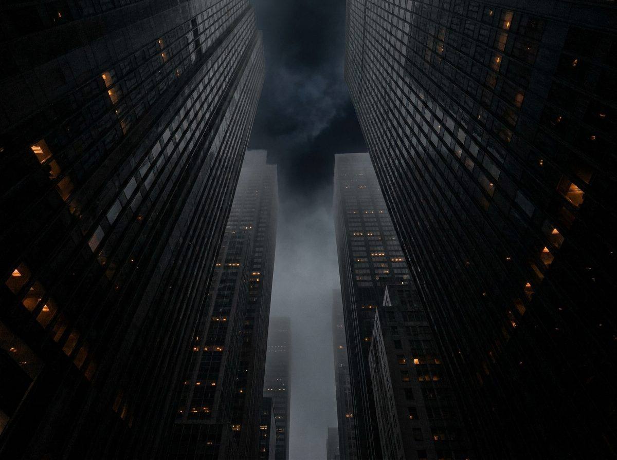 Skyscrapers rising into the dark, seen from street level