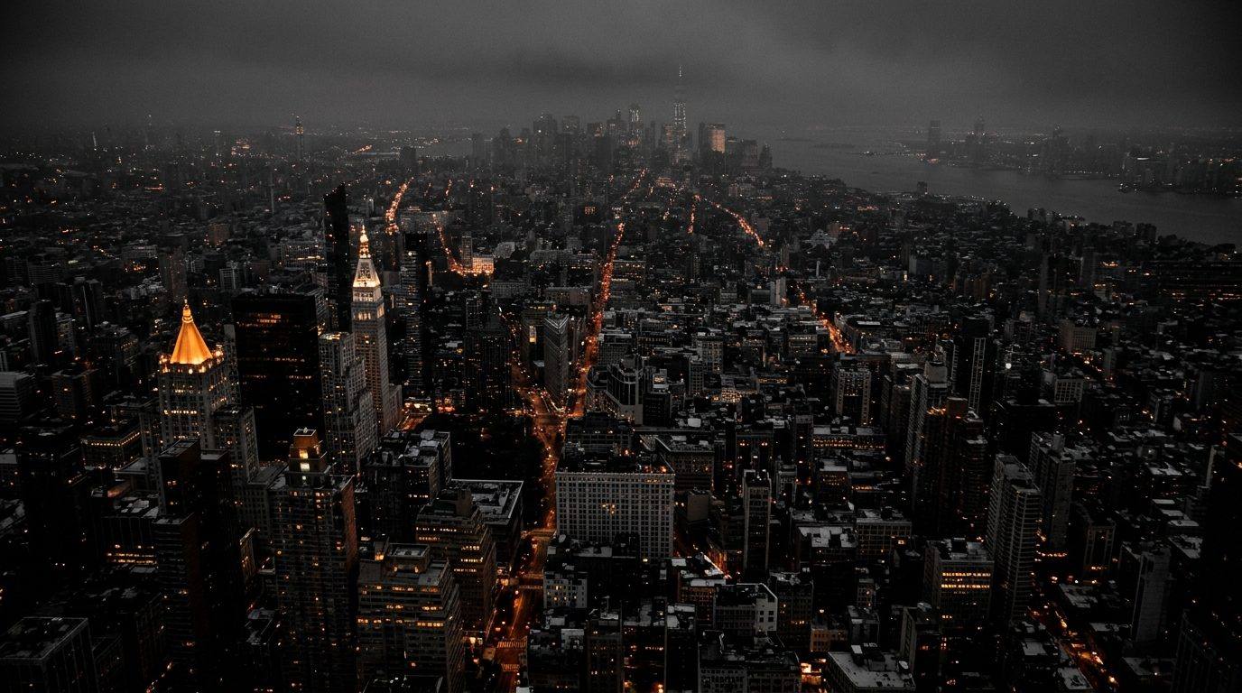 A dense city at night seen from far above, lit amber